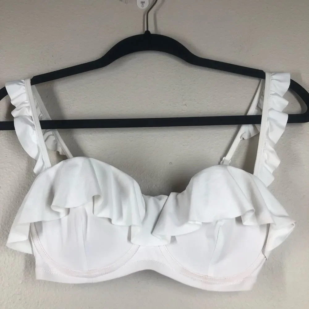 J. Crew White Ruffle Underwire Top 32D High Waist Ruched Bikini Bottom Small NWT